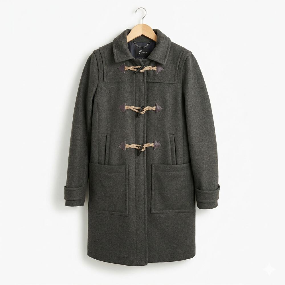 J Crew Melton Wool Long Coat Womens Size S US 2 Green Hooded Used